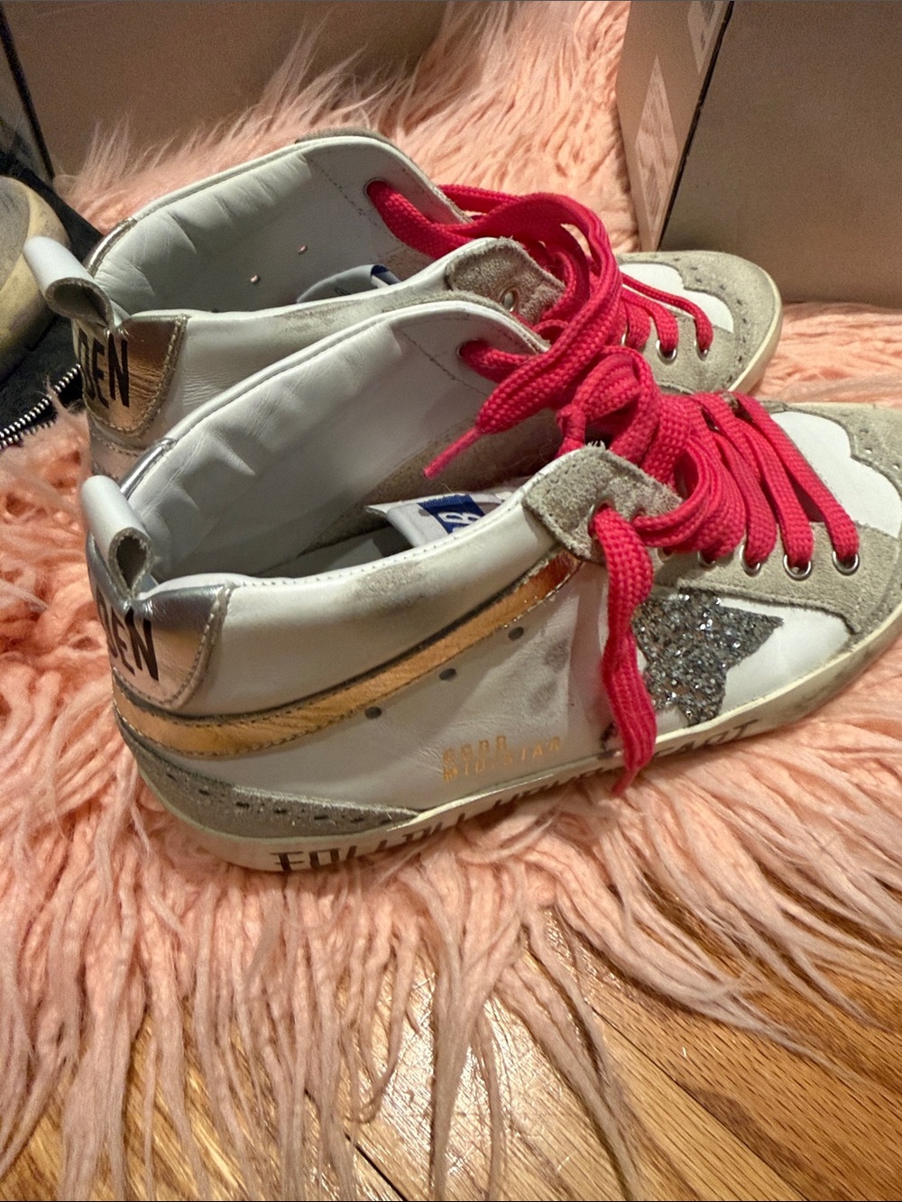 Golden Goose White High-Top Sneakers with Hot Pink Laces and Silver Glitter Star - Picture 4 of 11
